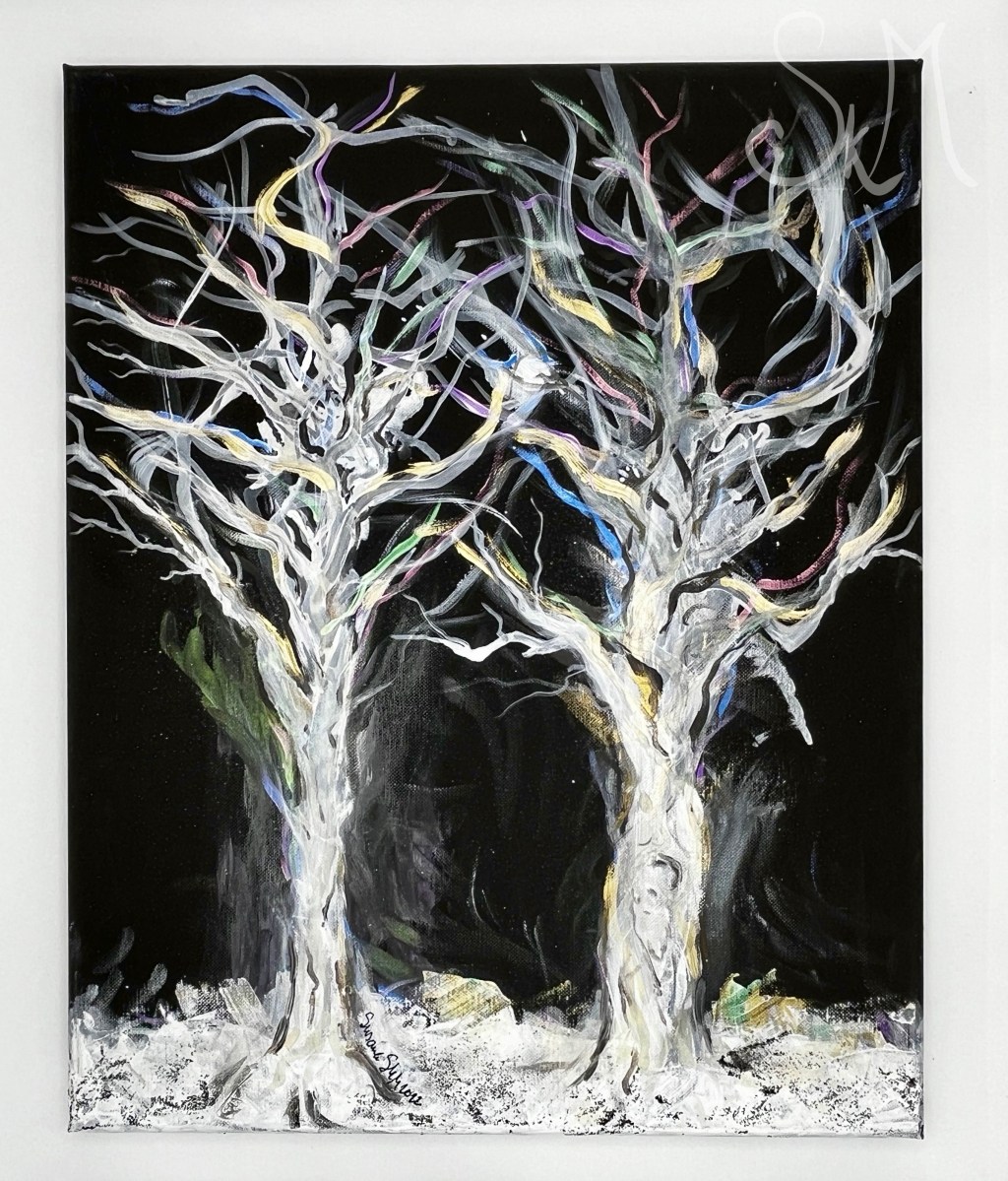 Ghost Trees - Acrylics on 16x20" back-stapled canvas with ¾" side.