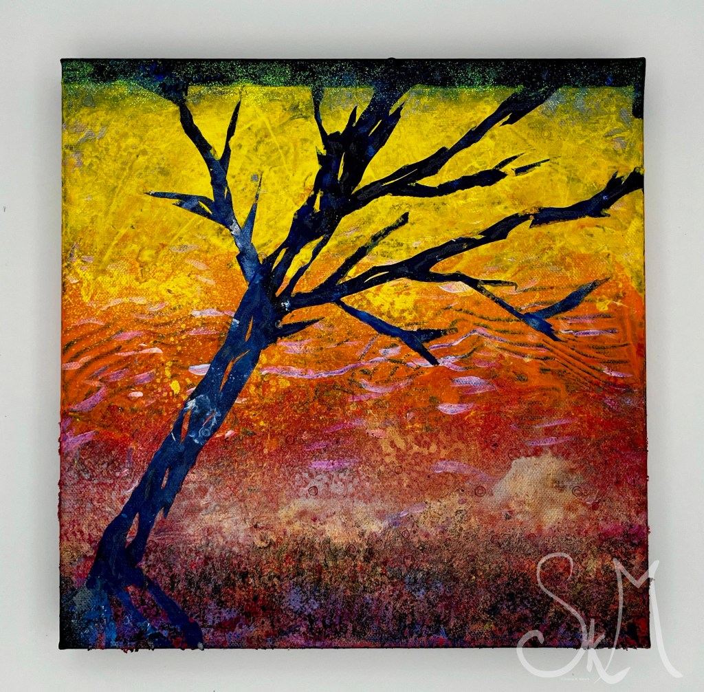 Sunset at the Leaning Tree - Acrylics and mixed media on 12x12" gallery-wrapped canvas with 1¼" side.